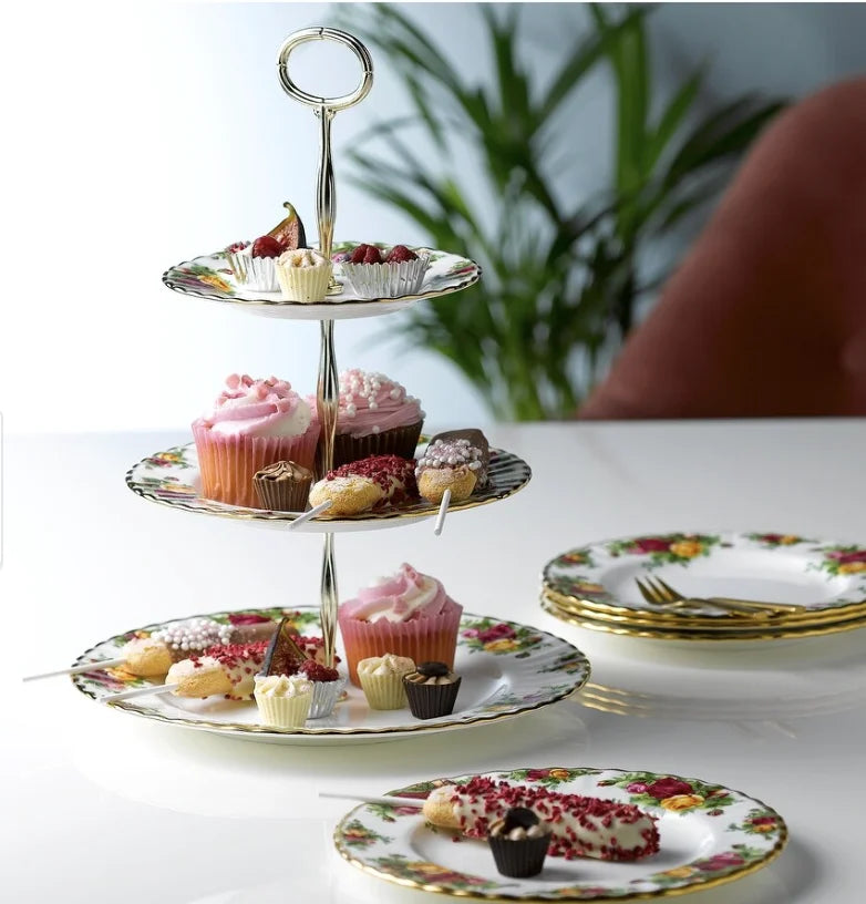 Old Country Roses 3-Tier Stainless Steel Brass Cake Stand Customizable Golden Vintage Luxury Wedding Hotel Use Rust Proof