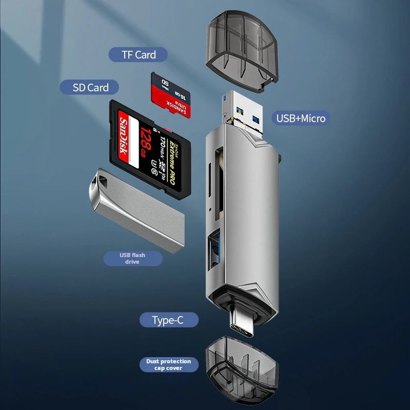 USB 2.0 External 6-in-1 Card Reader for Mobile Computers and Cameras TF/SD Memory Card Lightweight