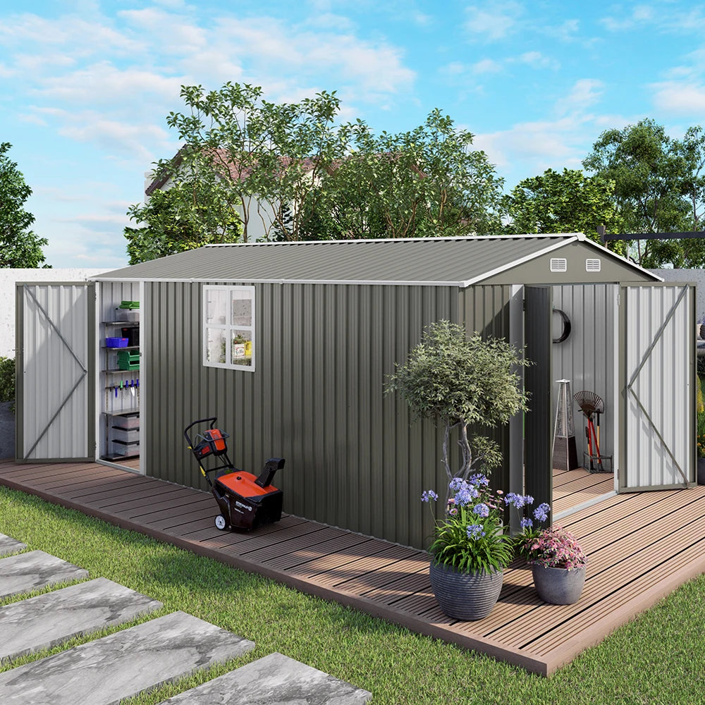 10*14FT Free Shipping in US  Metal  Storage Shed Front Hinged Door, a Small Door on the Side and a Four-pane Window for Backyard