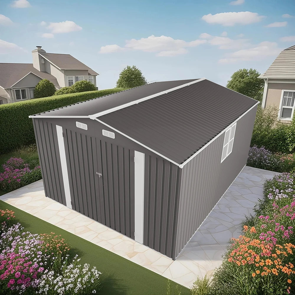 10*14FT Free Shipping in US  Metal  Storage Shed Front Hinged Door, a Small Door on the Side and a Four-pane Window for Backyard