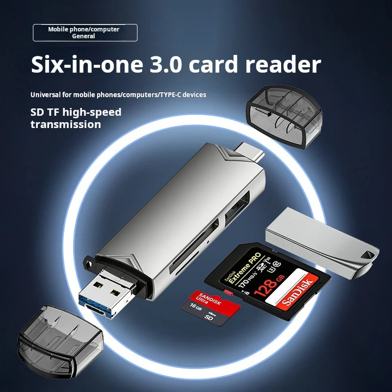 USB 2.0 External 6-in-1 Card Reader for Mobile Computers and Cameras TF/SD Memory Card Lightweight