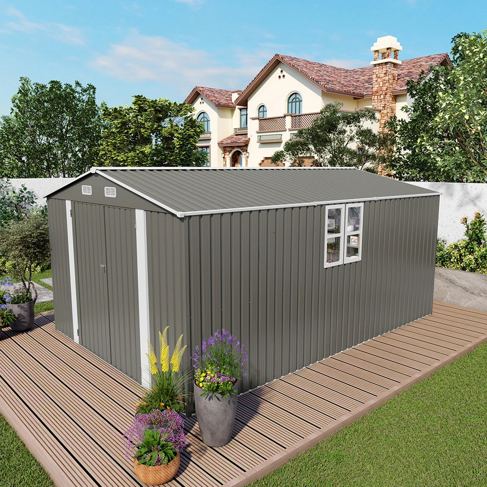 10*14FT Free Shipping in US  Metal  Storage Shed Front Hinged Door, a Small Door on the Side and a Four-pane Window for Backyard