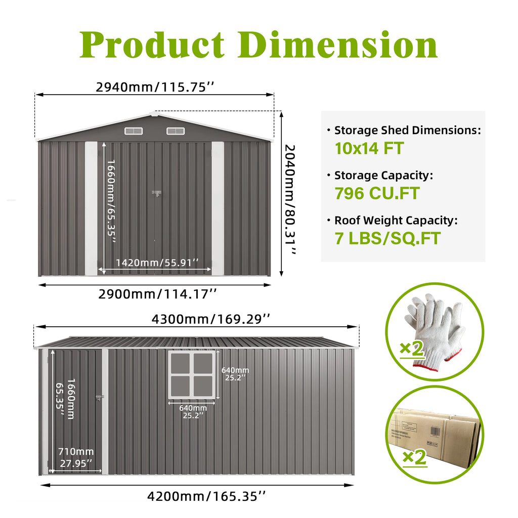 10*14FT Free Shipping in US  Metal  Storage Shed Front Hinged Door, a Small Door on the Side and a Four-pane Window for Backyard