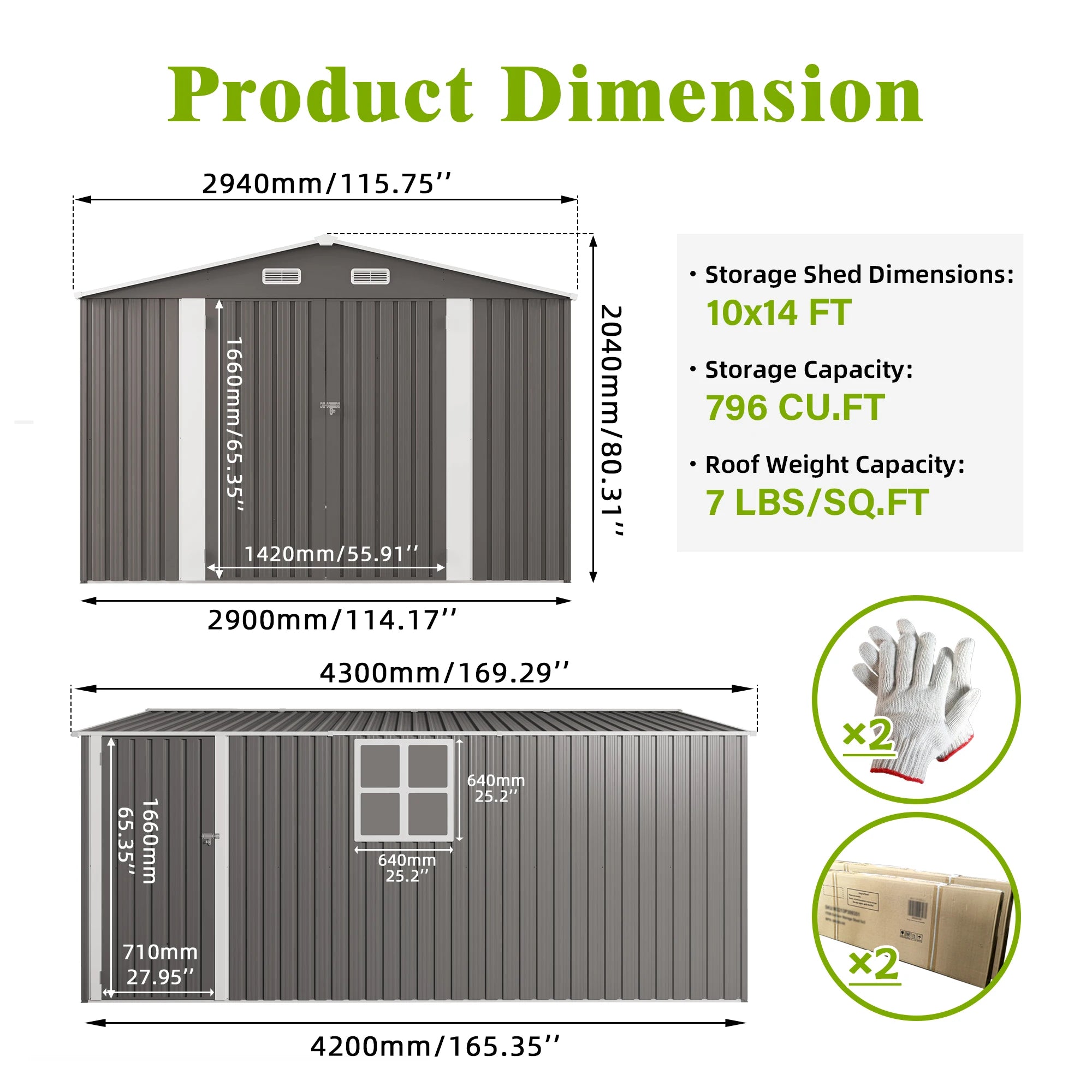 10*14FT Free Shipping in US  Metal  Storage Shed Front Hinged Door, a Small Door on the Side and a Four-pane Window for Backyard