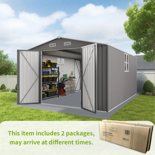 10*14FT Free Shipping in US  Metal  Storage Shed Front Hinged Door, a Small Door on the Side and a Four-pane Window for Backyard